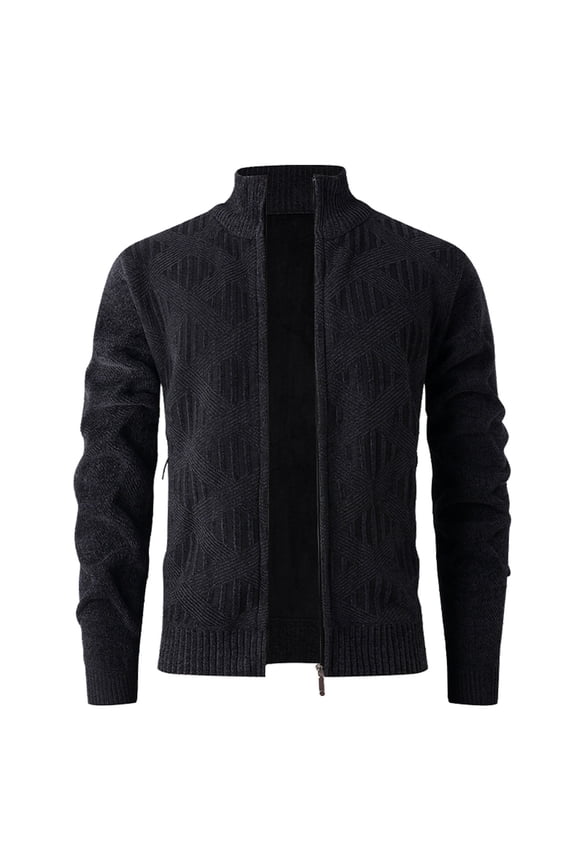 Sweater Jacket for Men No Hood Fleece Long Sleeve Tops Zip Up Knitwear Jacquard Winter Casual Outwear Gray