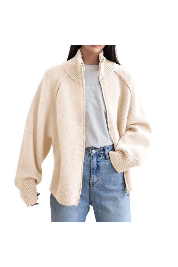 Sweater Jacket for Women with Zipper Long Sleeve Turtle Neck Jacket Zip Up Coat Ribbed Cuff Outwear Beige