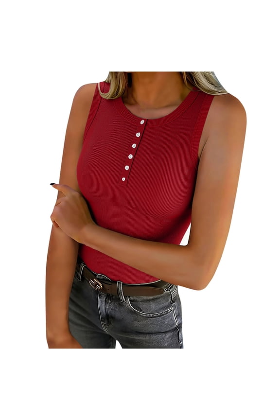 Sweater Tank Tops for Women Casual Ribbed Knit Undershirt Crewneck Half Button Sleeveless Top Summer Clothes