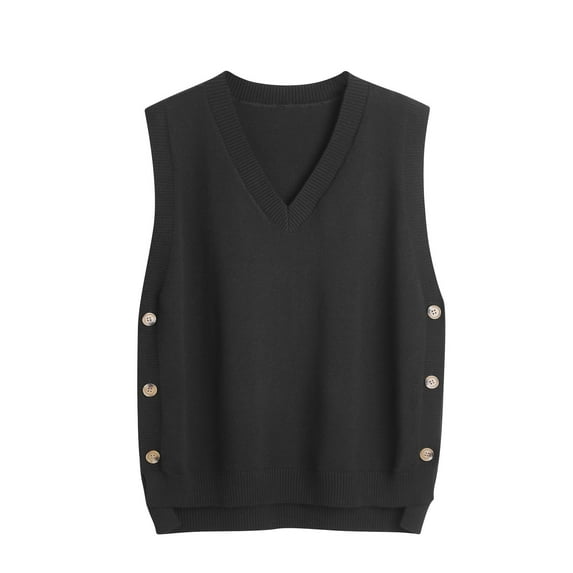 successthop Sweater Vest Women Plus Sleeveless Tops V Neck Casual Pullover Knitwear Button Solid Trendy Clothes Black XL