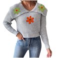 thumbnail image 1 of successthop Sweaters for Women Cropped Long Sleeve Tops Collar Pullover Outwear Ribbed Cuff Crochet Floral Clothes Gray, 1 of 6