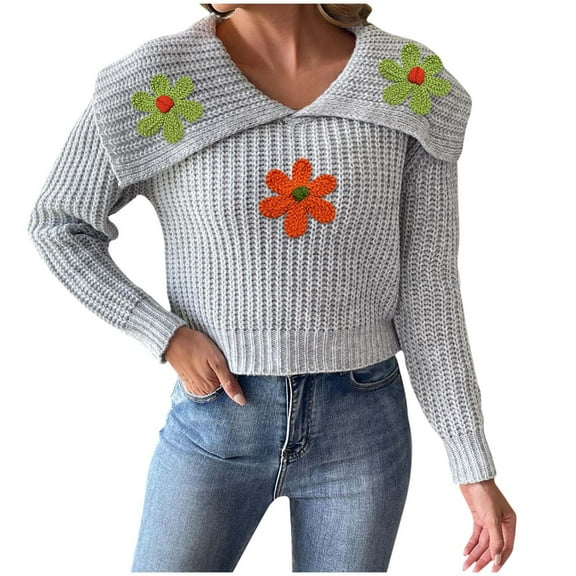 successthop Sweaters for Women Cropped Long Sleeve Tops Collar Pullover Outwear Ribbed Cuff Crochet Floral Clothes Gray