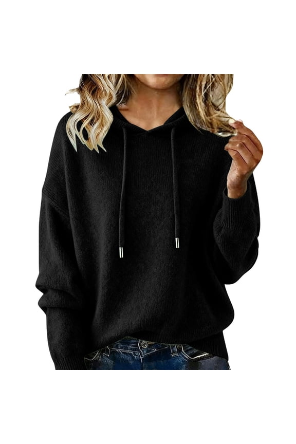 Sweaters for Women Plus Size Slim Drawstring Hood Tops Ribbed Cuffs Long Sleeve Clothes Solid Knitwear Black