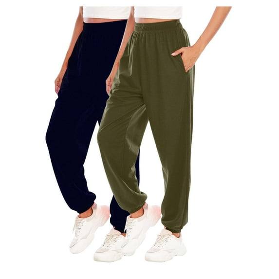 successthop Sweatpants Women 2 Pack Pants with Pockets Solid ELastic Waist Joggers Drawstring Sport Trousers