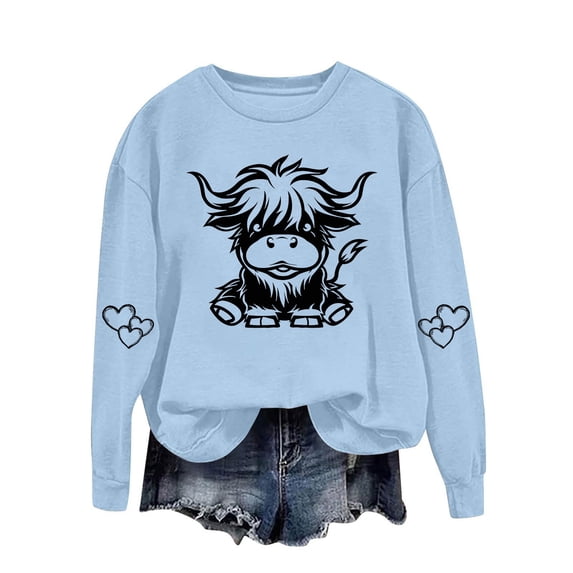 successthop Sweatshirts for Women Western Cow Crewneck Long Sleeve Sweater Pullover Tops Casual Print Stylish Outwear
