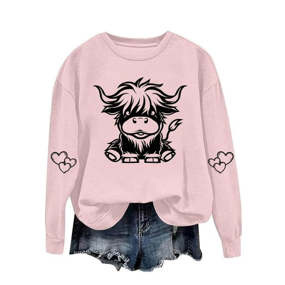 successthop Sweatshirts for Women Western Cow Crewneck Long Sleeve Sweater Pullover Tops Casual Print Stylish Outwear