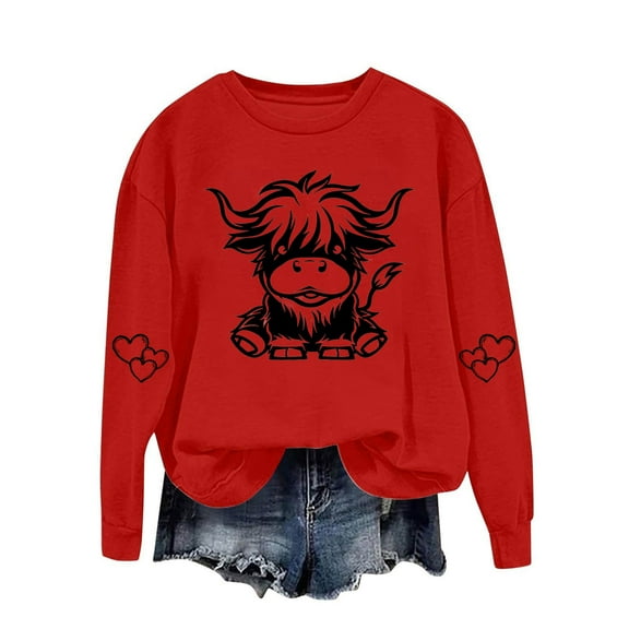 successthop Sweatshirts for Women Western Cow Crewneck Long Sleeve Sweater Pullover Tops Casual Print Stylish Outwear