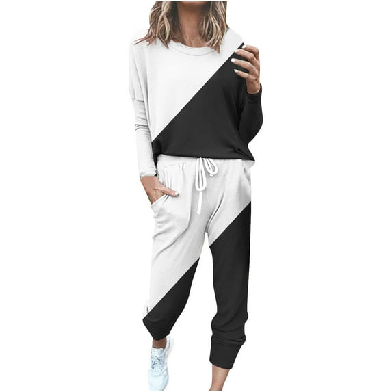 successthop Sweatsuits 2 Piece Set Womens Plus Size Long Sleeve Crewneck Top and Jogger Pant Color Block Outfits