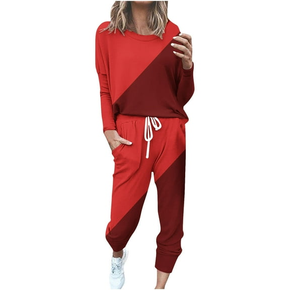 successthop Sweatsuits 2 Piece Set Womens Plus Size Long Sleeve Crewneck Top and Jogger Pant Color Block Outfits