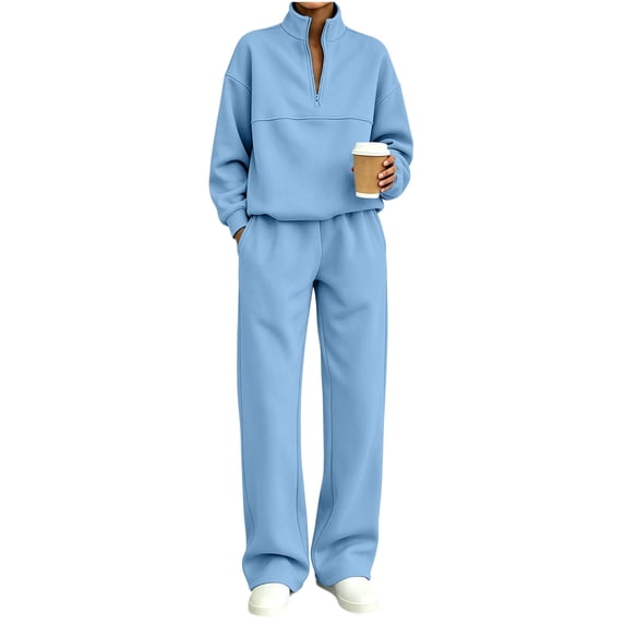 successthop Sweatsuits for Women with Zipper 2 Piece Long Sleeve Sweatshirt Fleece Sweatpant Solid Tracksuit with Pocket