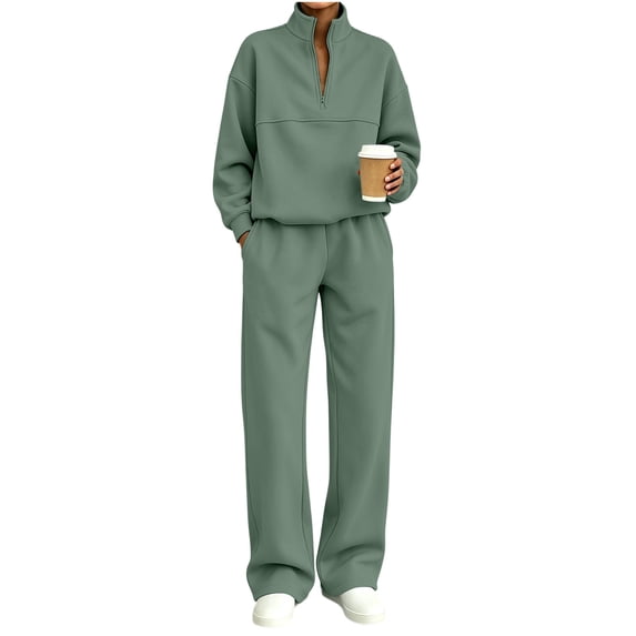 successthop Sweatsuits for Women with Zipper 2 Piece Long Sleeve Sweatshirt Fleece Sweatpant Solid Tracksuit with Pocket