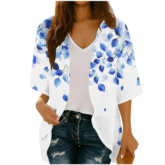 successthop Swimsuit Cover Up for Women Casual Open Front Clothes Vacation 3/4 Sleeve Knitwear Leaf Beach Cardigan Blue