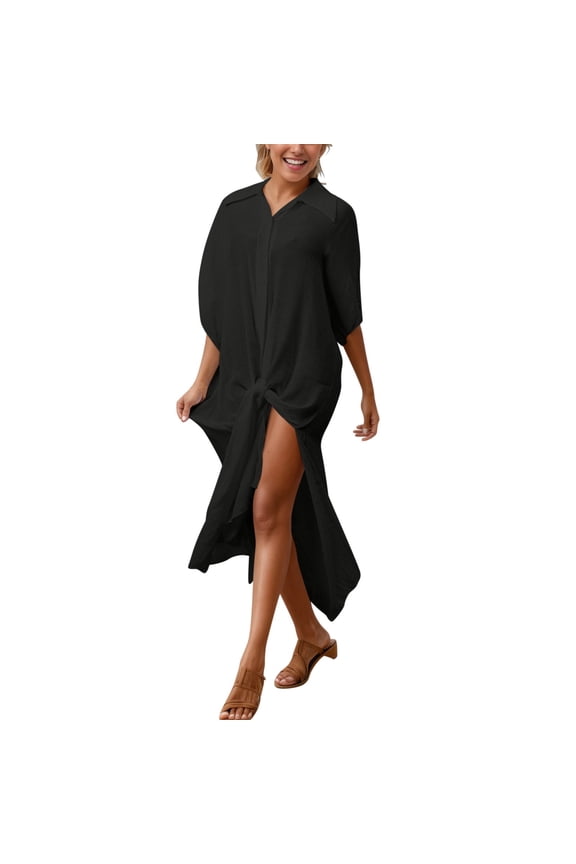 Swimsuit Cover Ups Dress Womens Sun Protect Collar Maxi Sundress Short Sleeve Swimwear Summer Beachwear