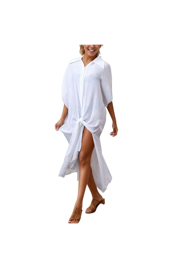 Swimsuit Cover Ups Dress Womens Sun Protect Collar Maxi Sundress Short Sleeve Swimwear Summer Beachwear