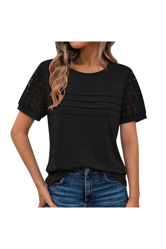 Teacher Shirts for Women Plus Size Short Sleeve Tee Shirt Crewneck Pullover Tops Solid Work Clothes Black L