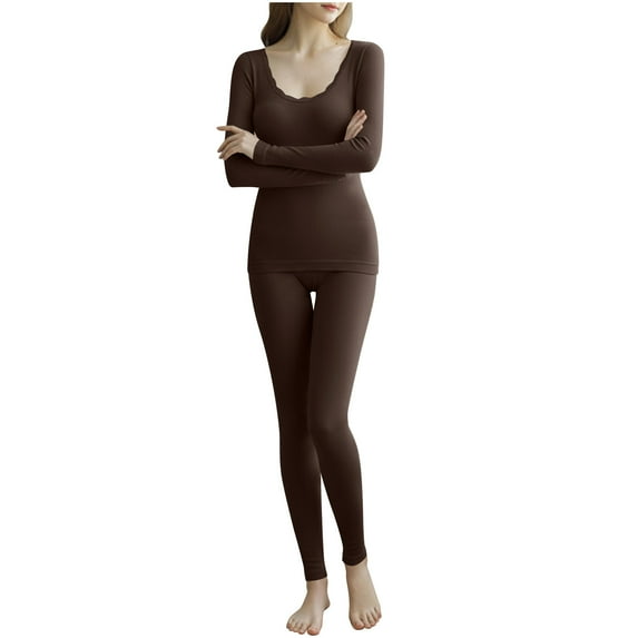 successthop Thermal Underwear for Women Set Soft Long Sleeve Crewneck Heated Tops and Comfortable Leggings Solid Brown