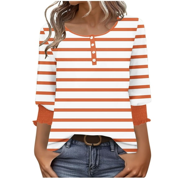 successthop Trendy Blouses for Women 3/4 Sleeve Tee Shirts Lightweight Crewneck Shirt Button Stripe Casual Clothes