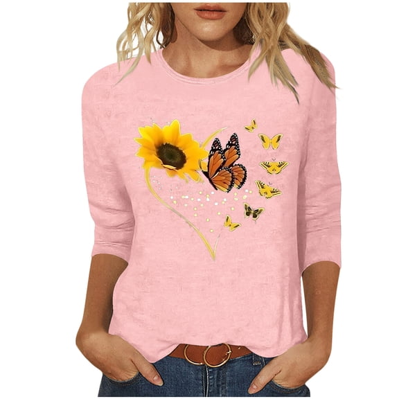 successthop Trendy Blouses for Women 3/4 Sleeve Tee Shirts Lightweight Oversized Crewneck Clothes Print Shirts