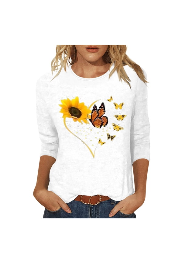 Trendy Blouses for Women 3/4 Sleeve Tee Shirts Lightweight Oversized Crewneck Clothes Print Shirts