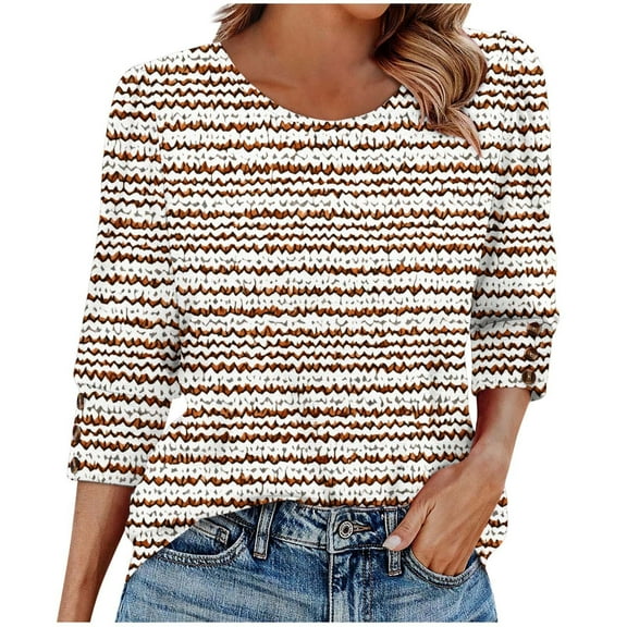 successthop Trendy Blouses for Women Plus Size 3/4 Sleeve Clothes Crewneck Button Vintage Print Pullover Shirt