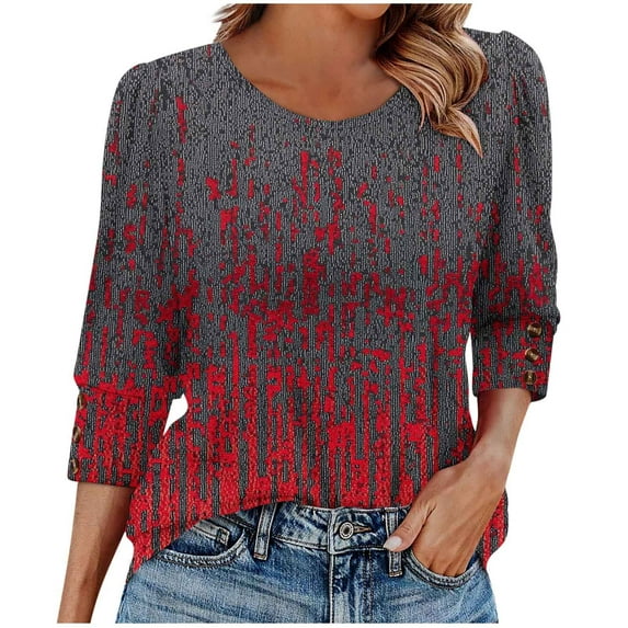 successthop Trendy Blouses for Women Plus Size 3/4 Sleeve Clothes Crewneck Button Vintage Print Pullover Shirt