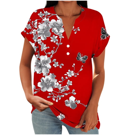 successthop Tunic Tops for Women Oversized V Neck with Button Clothes Short Raglan Sleeve T Shirt Floral Shirt Red L