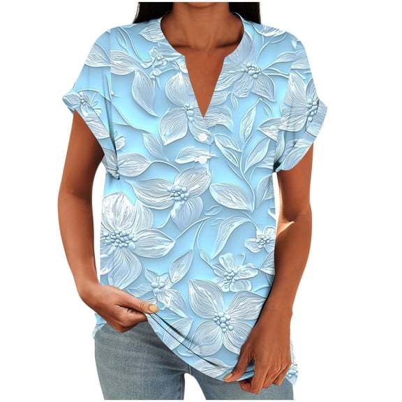 successthop Tunic Tops for Women Oversized V Neck with Button Shirt Short Raglan Sleeve Clothes Floral T Shirt Blue M