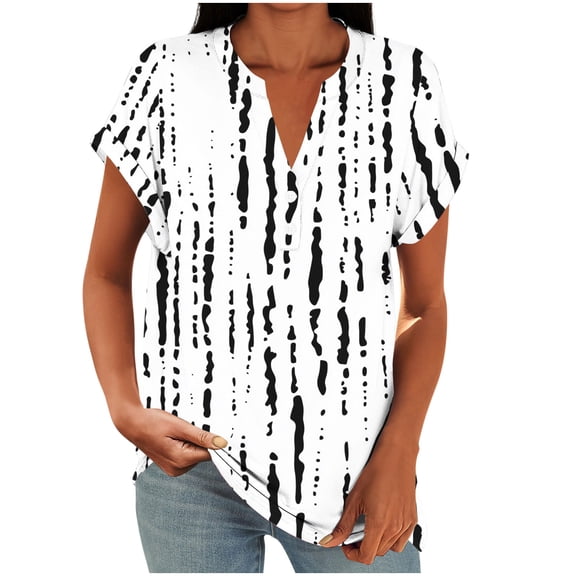 successthop Tunic Tops for Women Oversized V Neck with Button Shirts Short Raglan Sleeve T Shirt Print Clothes Black 2XL