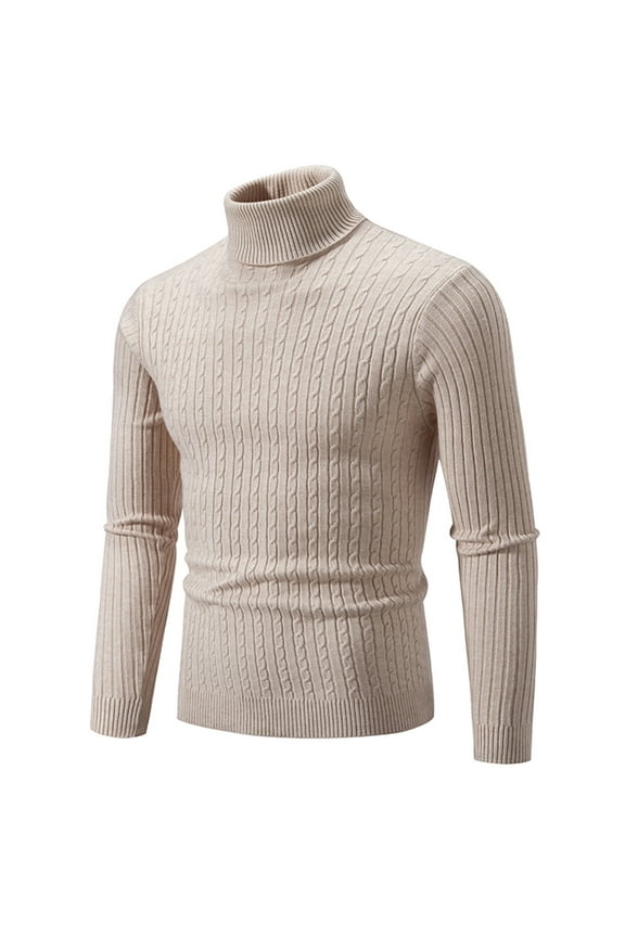 Turtleneck Sweater for Men Plus Size Cable Knit Strecth Long Sleeve Knitwear Ribbed Cuff Vintage Solid Top