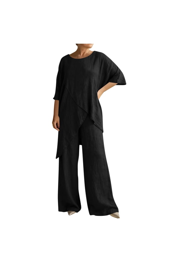Two Piece Lounge Set for Women Fall Travel Putfits Oversized Wide Leg Pant Sets Asymmetrical Matching Set