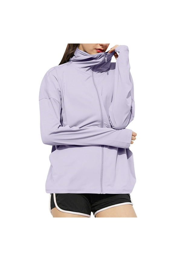 UV Protection Shirts for Women Long Sleeve Hooded Long Sleeve with Thumb Holes Solid Jacket for Outdoor Driving Traveling Hiking Fishing Purple M