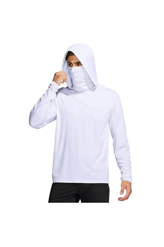 UV Protection Shirts for Men with Face Cover Hooded Long Sleeve Solid Jacket for Outdoor Driving Traveling Hiking Fishing White L