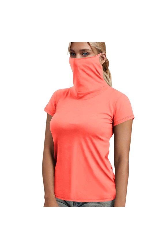 UV Protection Shirts for Women with Face Cover Short Sleeve Solid Jacket for Outdoor Driving Traveling Hiking Fishing Orange M