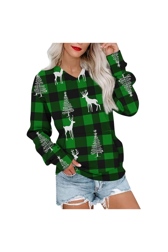 Ugly Christmas Sweatshirts Women Deer Cozy Oversized Long Sleeve V Neck Top Fuzzy Sweater with Pockets Green