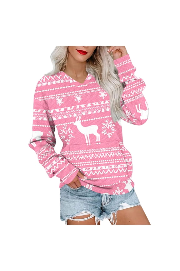 Ugly Christmas Sweatshirts Women Deer Cozy Top Oversized Long Sleeve V Neck Winter Sweater with Pockets Pink
