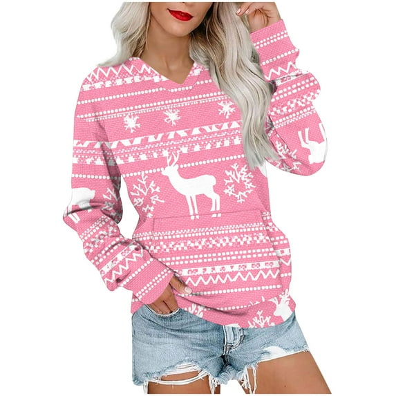 successthop Ugly Christmas Sweatshirts Women Deer Cozy Top Oversized Long Sleeve V Neck Winter Sweater with Pockets Pink