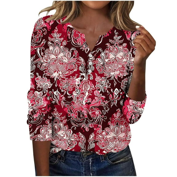 successthop V Neck Blouse for Women 3/4 Sleeve Tee Shirts Lightweight Trendy Pullover Clothes Vintage Print Shirts