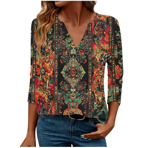 successthop V Neck Blouse for Women 3/4 Sleeve Tee Shirts Lightweight Trendy Pullover Clothes Vintage Print Shirts