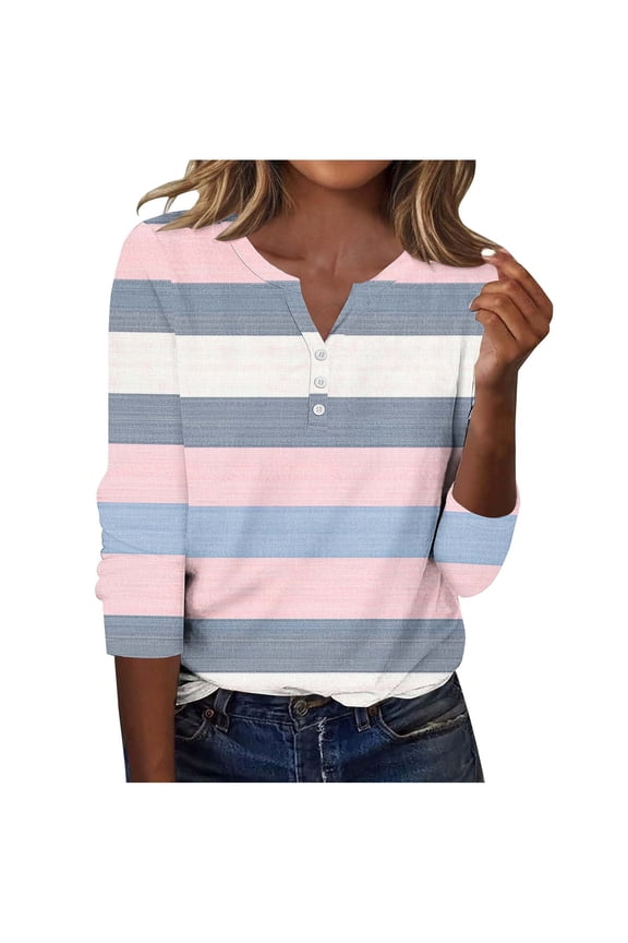 V Neck Blouse for Women Plus Size 3/4 Sleeve Tops Pullover Tee Shirts Button Stripe Casual Clothes