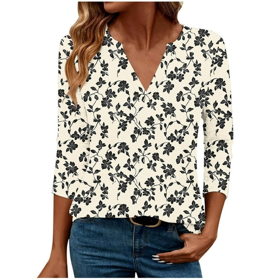 successthop V Neck Blouses for Women 3/4 Sleeve Shirts Lightweight Oversized Pullover Tee Shirts Leaf Casual Clothes