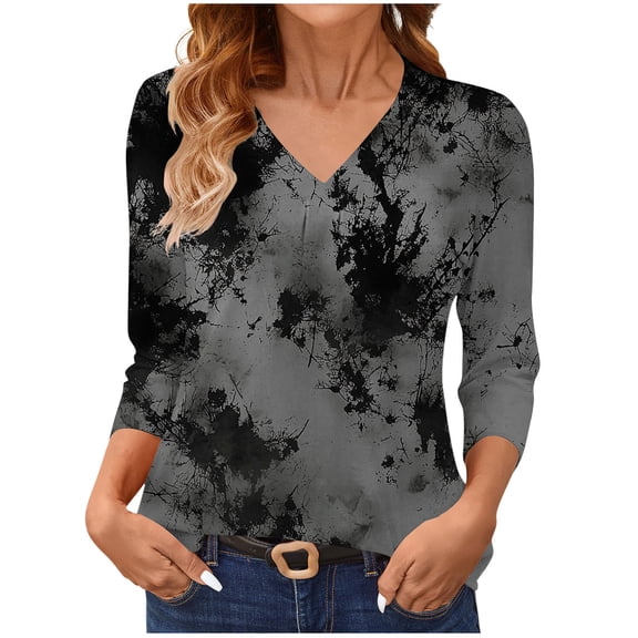 successthop V Neck Blouses for Women Dressy 3/4 Sleeve Shirts Lightweight Business Tops Print Trendy Tee Shirts