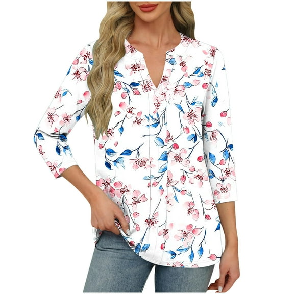 successthop V Neck Blouses for Women Dressy 3/4 Sleeve Tunic Top Vacation Pullover Clothes Floral Stylish Tee Shirts