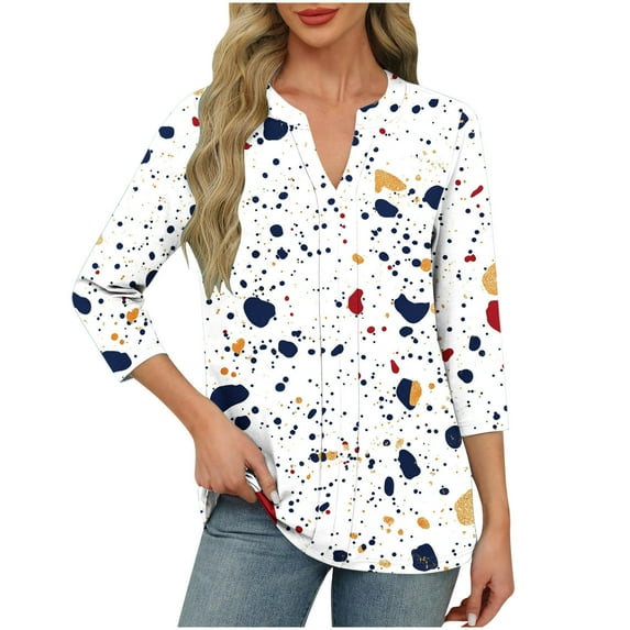 successthop V Neck Blouses for Women Dressy 3/4 Sleeve Tunic Top Vacation Pullover Clothes Floral Stylish Tee Shirts