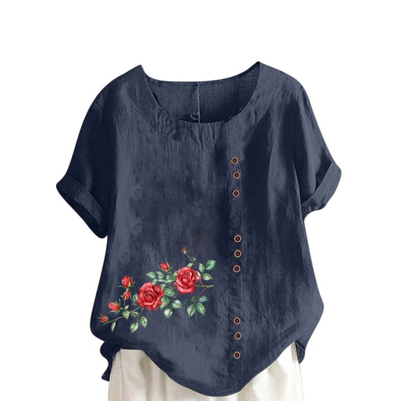 successthop V Neck Shirts for Women Casual Plus Size T Shirt Breathable Button Short Sleeve Tops Floral Clothes Blue M