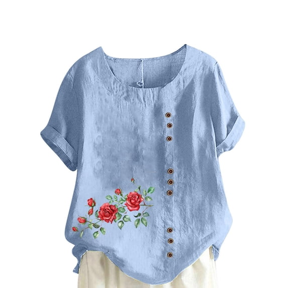 successthop V Neck Shirts for Women Casual Plus Size T Shirt Breathable Button Short Sleeve Tops Floral Clothes Blue XL