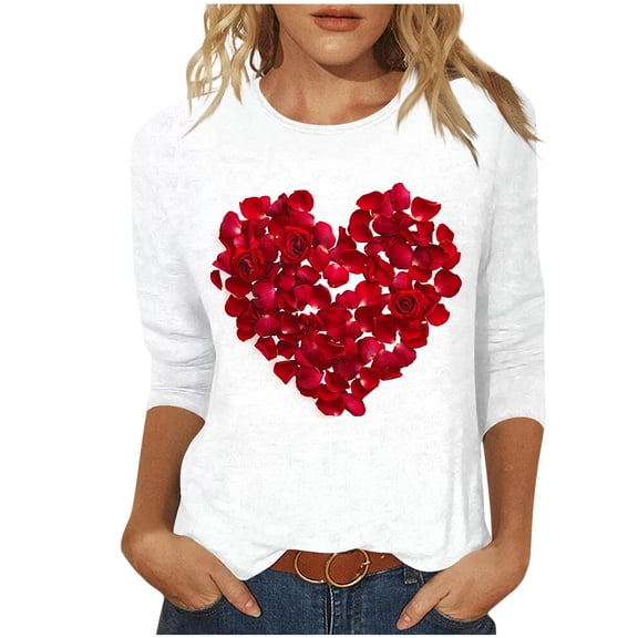 successthop Valentine Blouse Women Heart Oversized Plus Size Crewneck Shirt Streetwear Lightweight 3/4 Sleeve Tops White