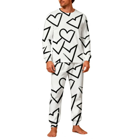 successthop Valentine Pajamas for Men Heart Long Sleeve Crewneck Top with Pocket and Pant for Couple Sleepwear White L
