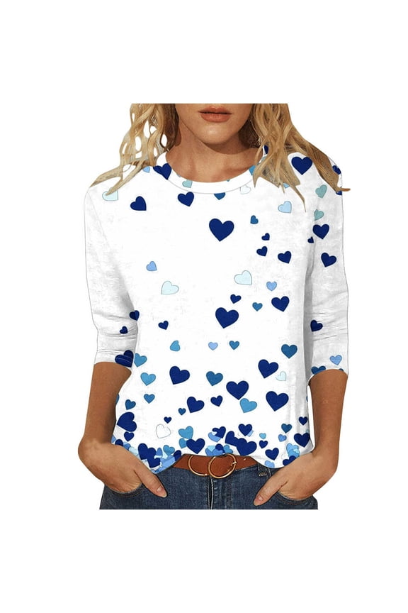 Valentine Shirts for Women Blue Heart Oversized Plus Size Crewneck Clothes 3/4 Sleeve Tops Soft Blouse 3XL