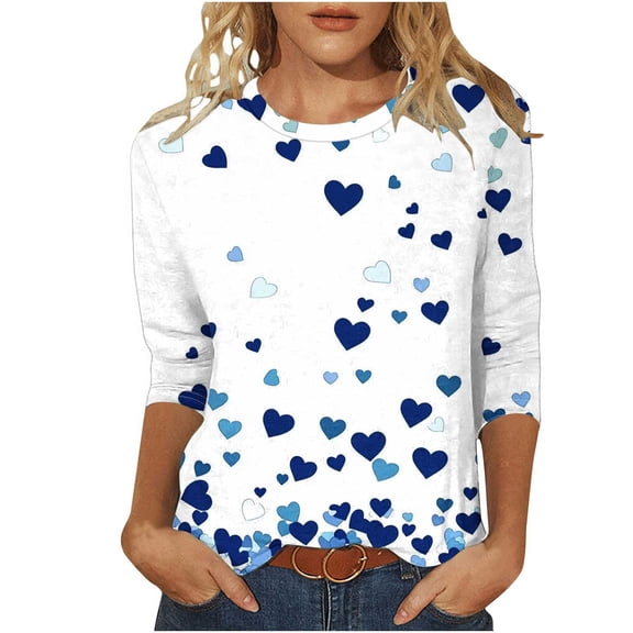 successthop Valentine Shirts for Women Blue Heart Oversized Plus Size Crewneck Clothes 3/4 Sleeve Tops Soft Blouse XL