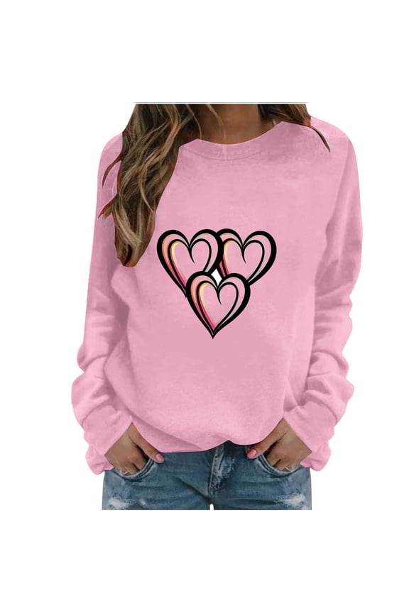 Valentine Sweatshirts for Women Heart Fleece Crewneck No Hood Jumper Long Sleeve Soft Pullover Tops L